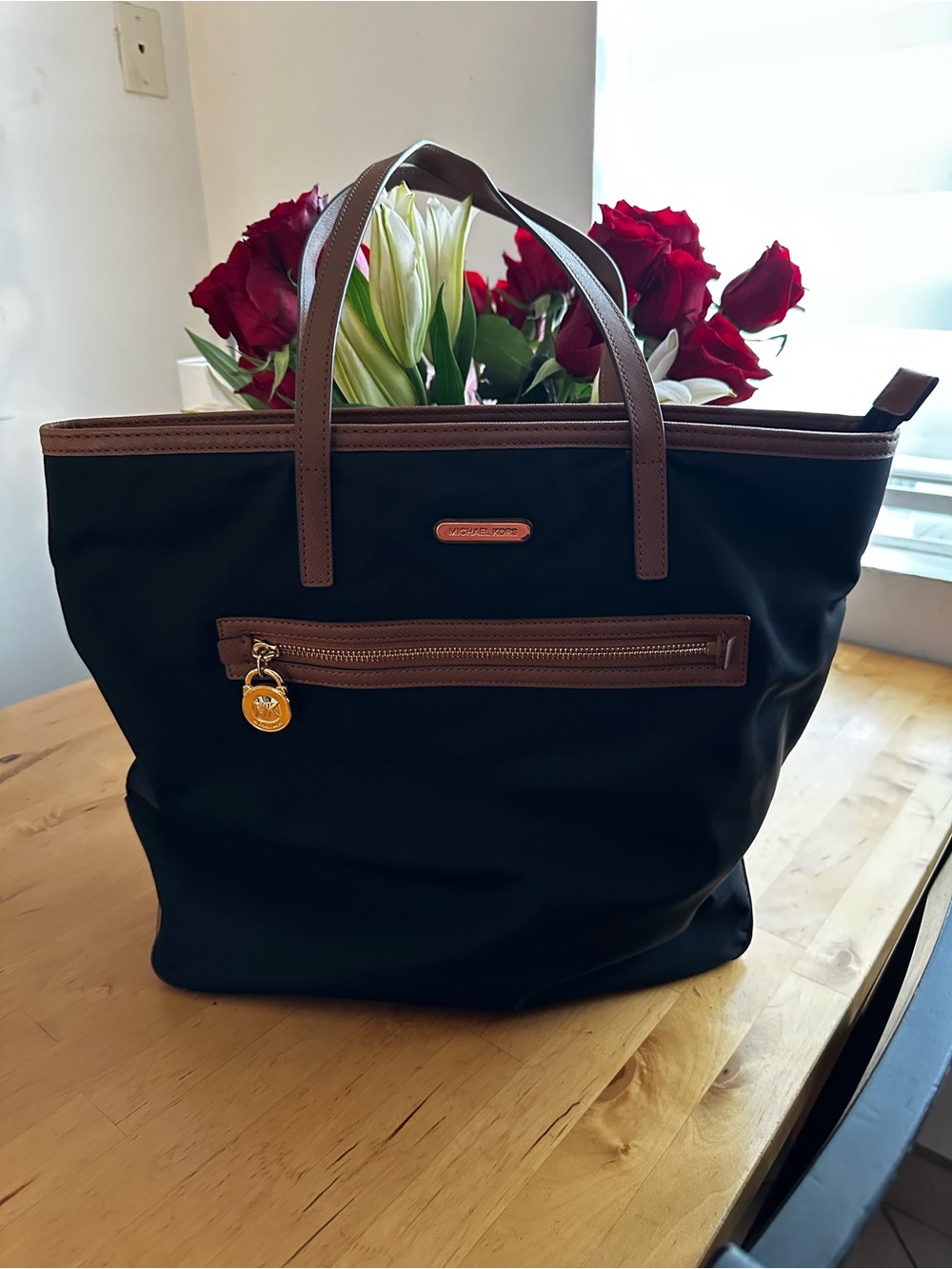 Michael Kors Black Tote with Brown Trim